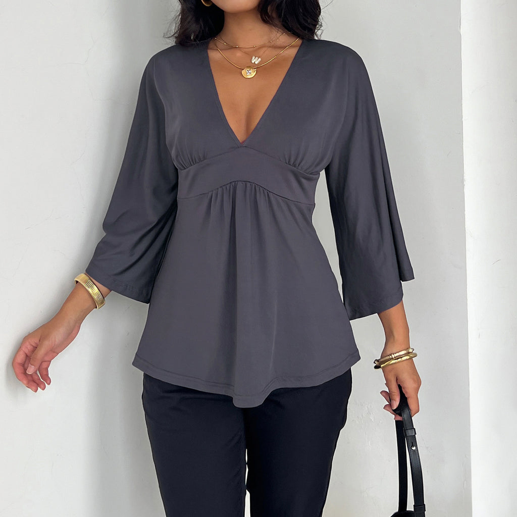Women's V-Neck Ruched Bell Sleeve Top