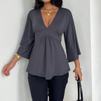 Women's V-Neck Ruched Bell Sleeve Top