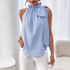 Women's Sleeveless Striped Stand Collar Lace Up Ruffled Bow Bandage Vest Women Top
