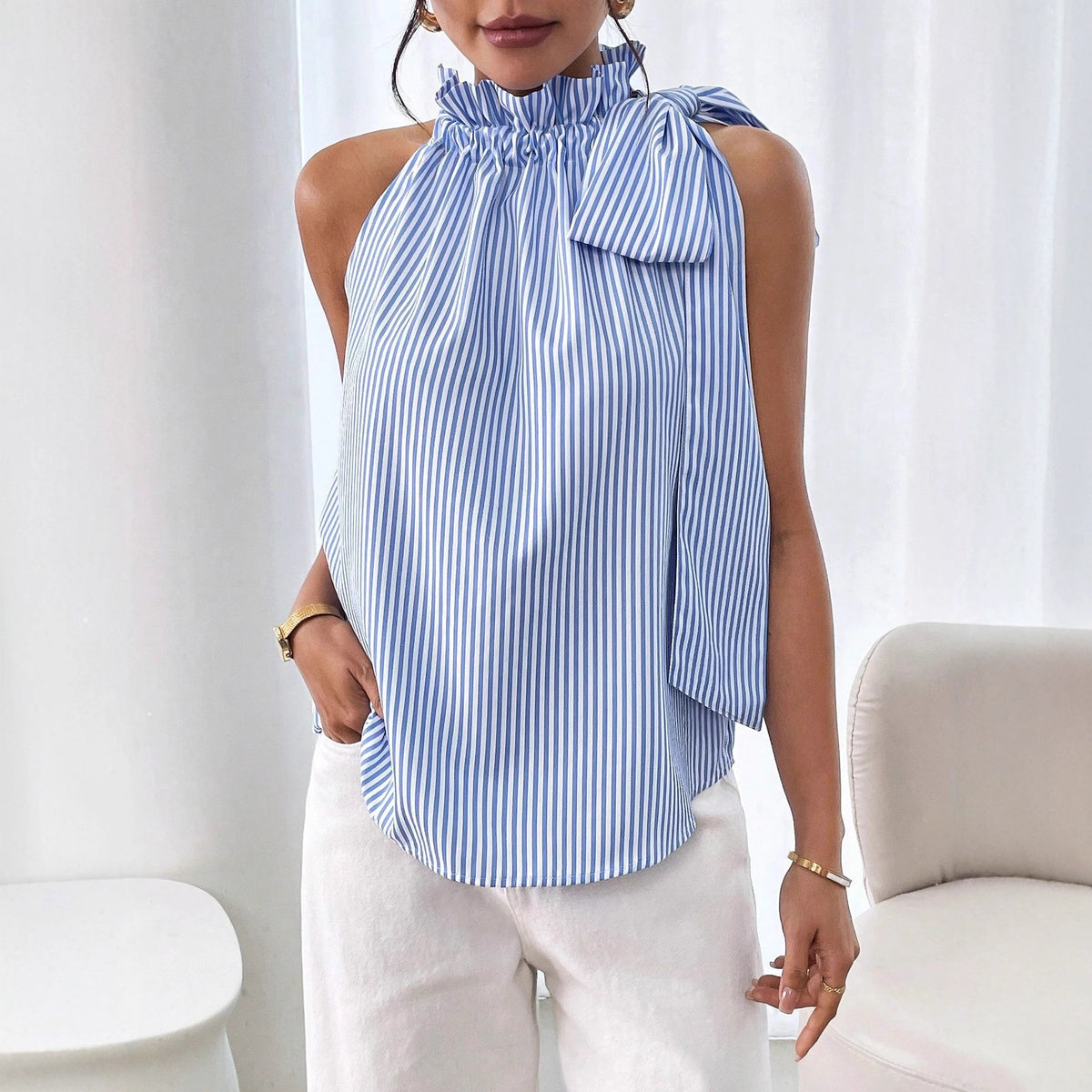 Women's Sleeveless Striped Stand Collar Lace Up Ruffled Bow Bandage Vest Women Top