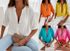 Women's Popular Short Sleeve Stand Collar Loose Button Shirt Top For Women