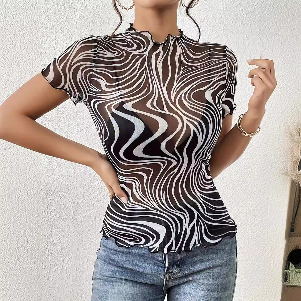 Floral Print Striped Mesh Short Sleeve Top