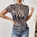 Floral Print Striped Mesh Short Sleeve Top
