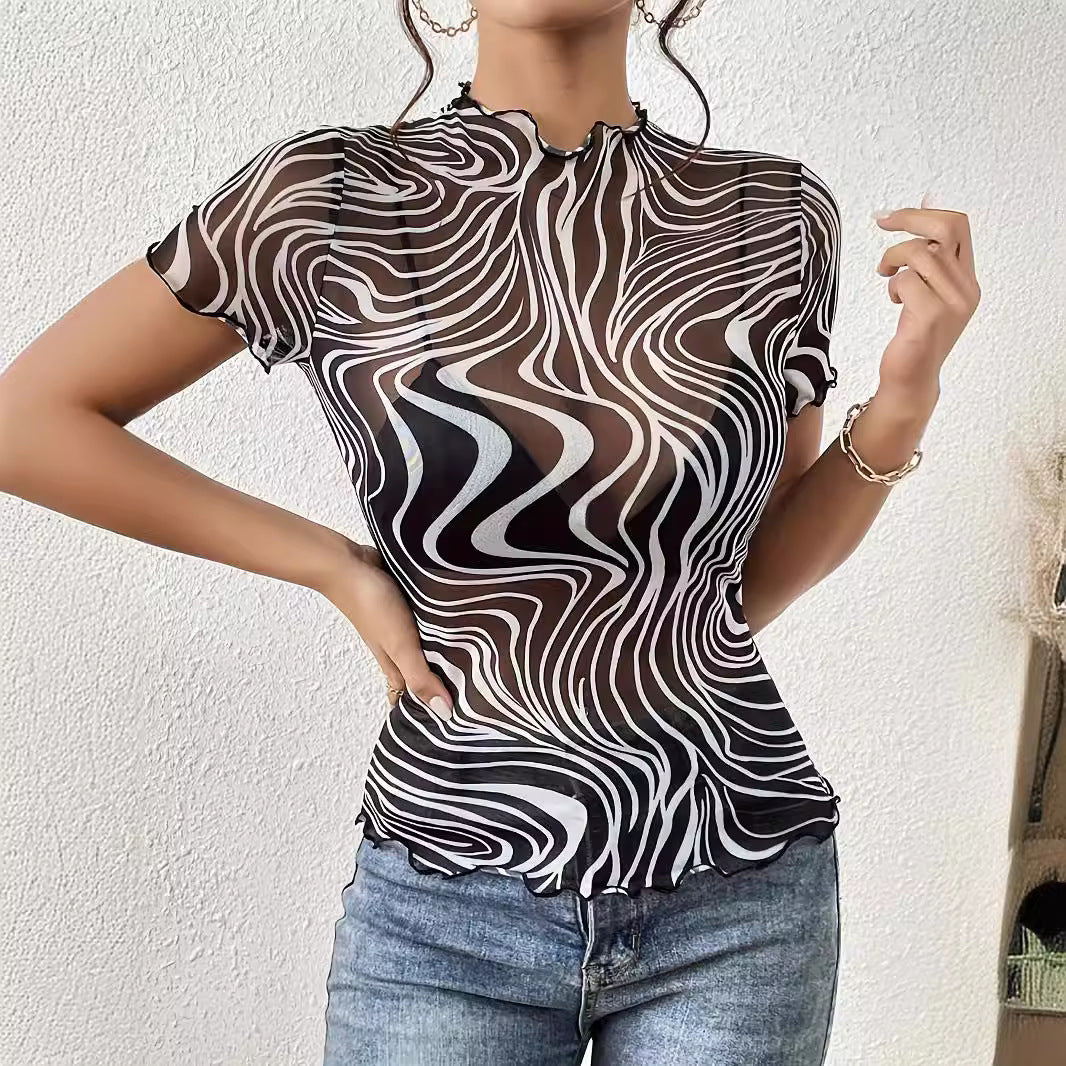 Floral Print Striped Mesh Short Sleeve Top