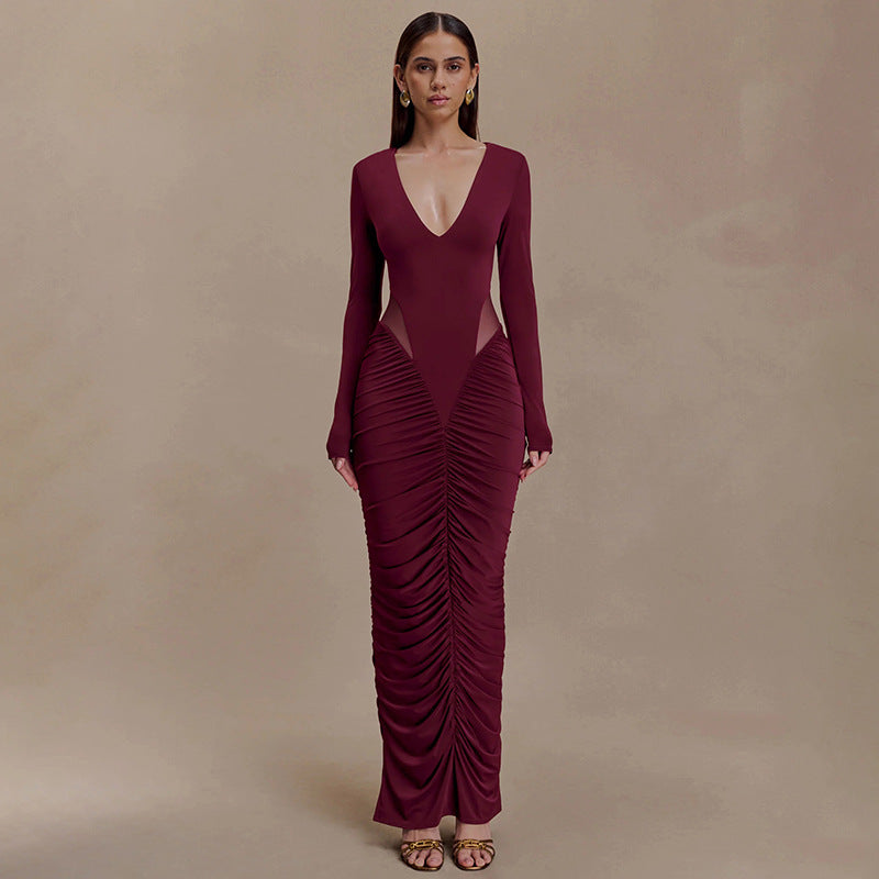 Women's V-Neck Lace Ruched Long-Sleeve Maxi Dress