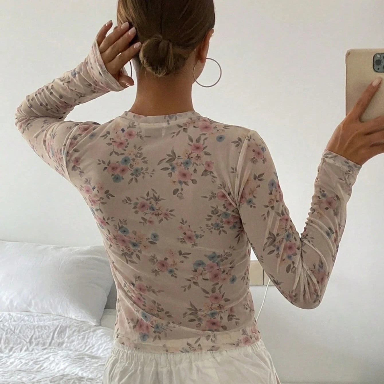 Autumn Printed Long Sleeve Mesh T shirt Top Women Bottoming