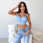Women’s Light Blue Lace Up Spaghetti Strap Crop Top