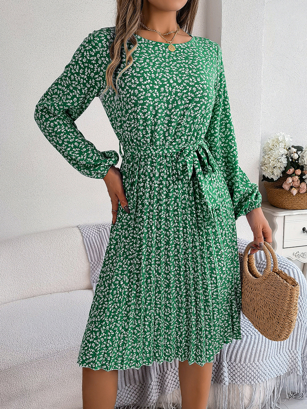 Floral Pleated Long Sleeve Midi Dress