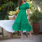 Women's Green Square-Neck Puff-Sleeve Vacation Dress