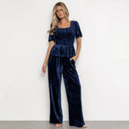 Velvet Women Solid Color Pleated Slim Casual Short Sleeved