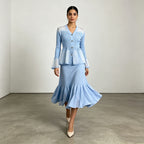 Women's Rhinestone V-Neck Bell-Sleeve Top and Skirt Two-Piece Set