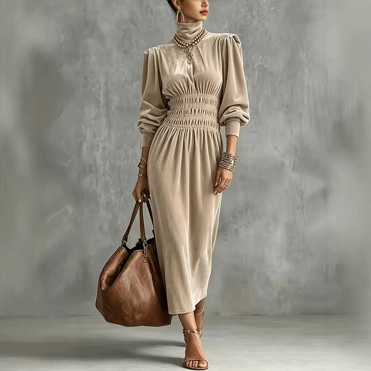 Turtleneck Velvet Waist-Defined Dress