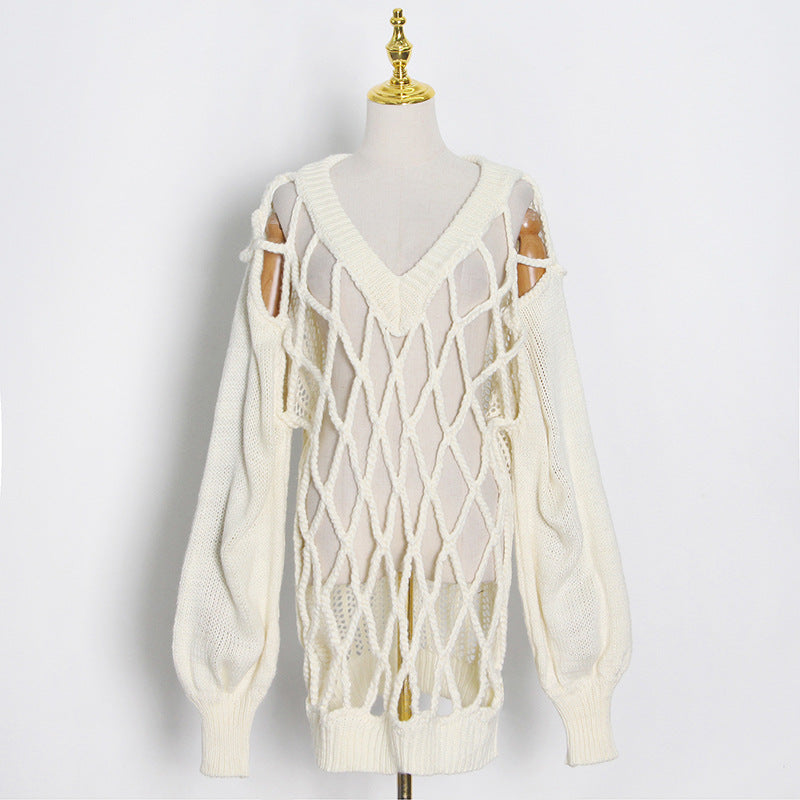 Women's V-Neck Mesh Knit Sweater Top