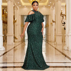 Sequin Cutout Crew-Neck Short-Sleeve Bodycon Maxi Dress