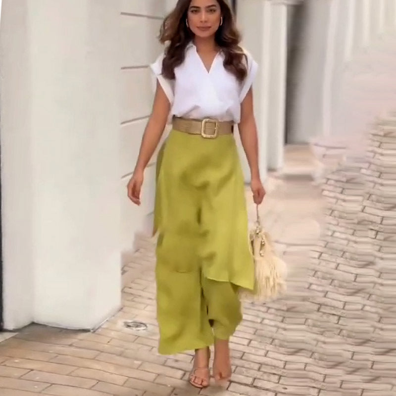 Elegant V-Neck Top Wide Leg Pants Two Piece Set