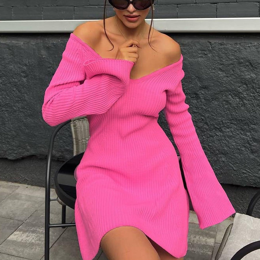 Off-Shoulder Trumpet-Sleeve Ribbed Knit A-Line Mini Dress