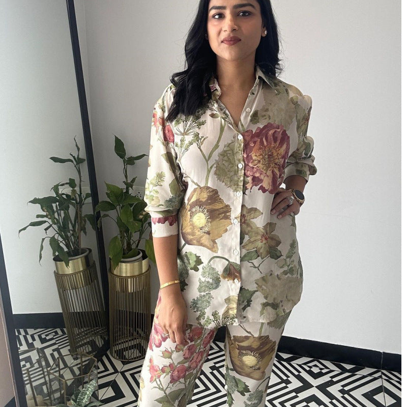 Women's Shirt Cropped Pants Floral Printed Two Piece Sets