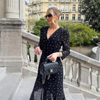 French V Neck Waist-Controlled Slimming Long Sleeve High Slit Polka