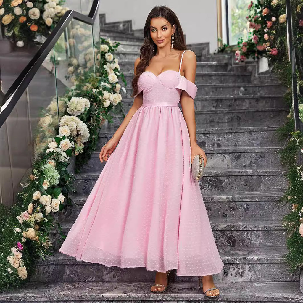 Women's Pink Jacquard Spaghetti Strap Formal Dress