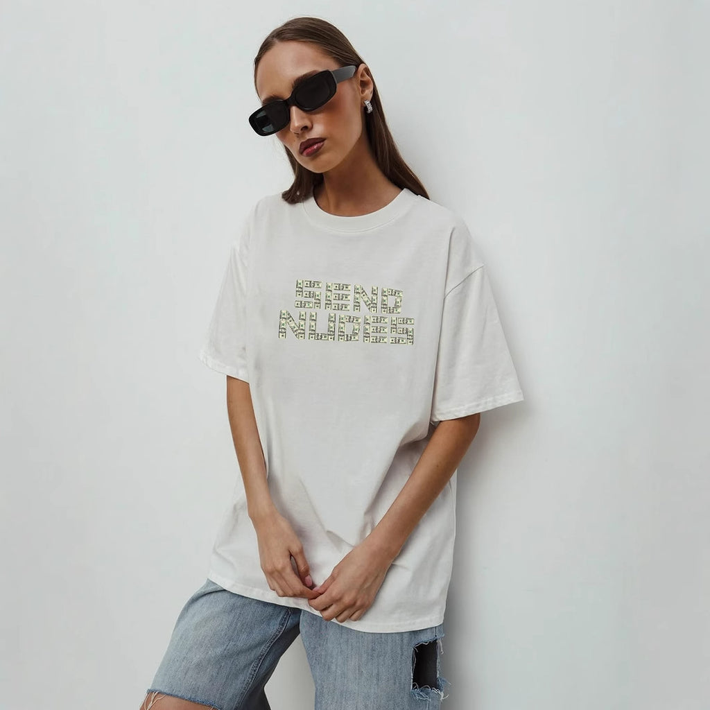 Women's Simple Printed T Shirt Women Summer Loose Round Neck Cotton Short Sleeve Top