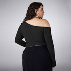 Plus Size Women Clothing Sexy Shoulder Long Sleeved T shirt Women Slim Fit Slimming Irregular Asymmetric Hem Top