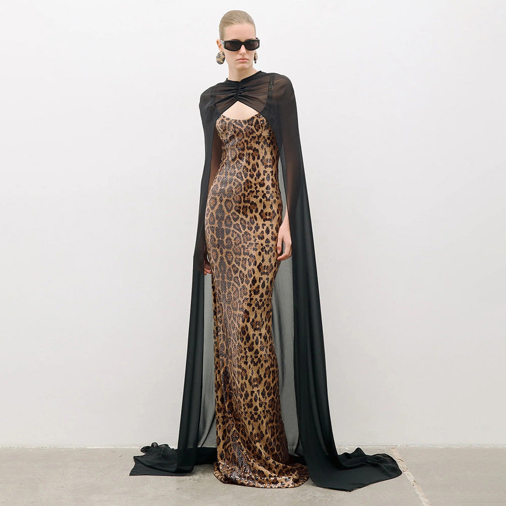 Women's Elegant Leopard Print Sequin Cami Dress Black Chiffon Cloak Two Piece Maxi