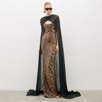 Women's Elegant Leopard Print Sequin Cami Dress Black Chiffon Cloak Two Piece Maxi