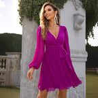 V-Neck Belted Lace-Detail Long-Sleeve A-Line Dress