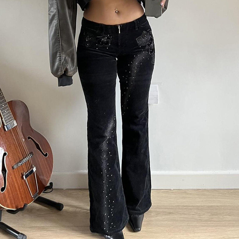 Street Rhinestone Floral Starry Sky Printed Trousers Women Casual All Match Sexy Woven Bootcut Trousers