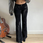 Street Rhinestone Floral Starry Sky Printed Trousers Women Casual All Match Sexy Woven Bootcut Trousers
