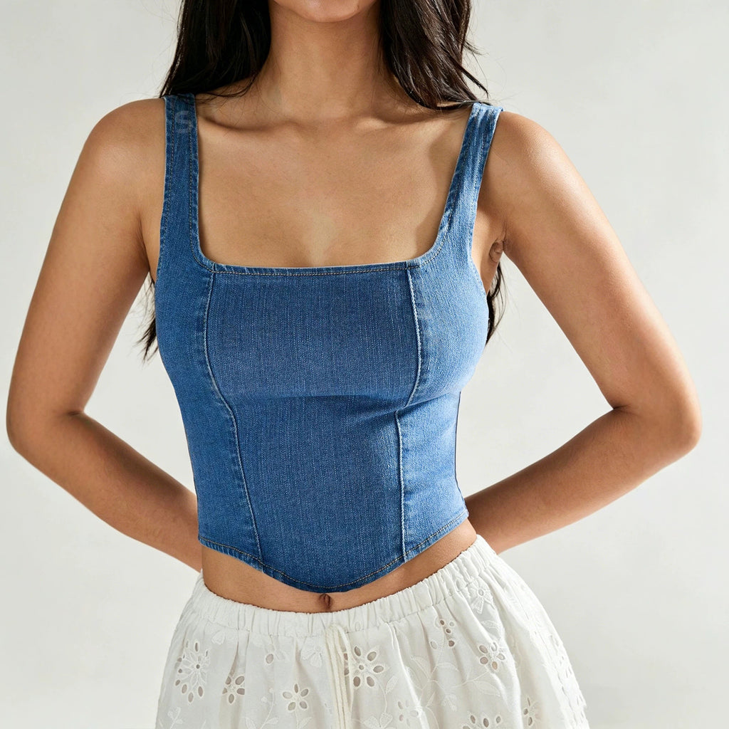 Sexy Short Denim Tube Top Vest Women Zipper Slim Fit Slim