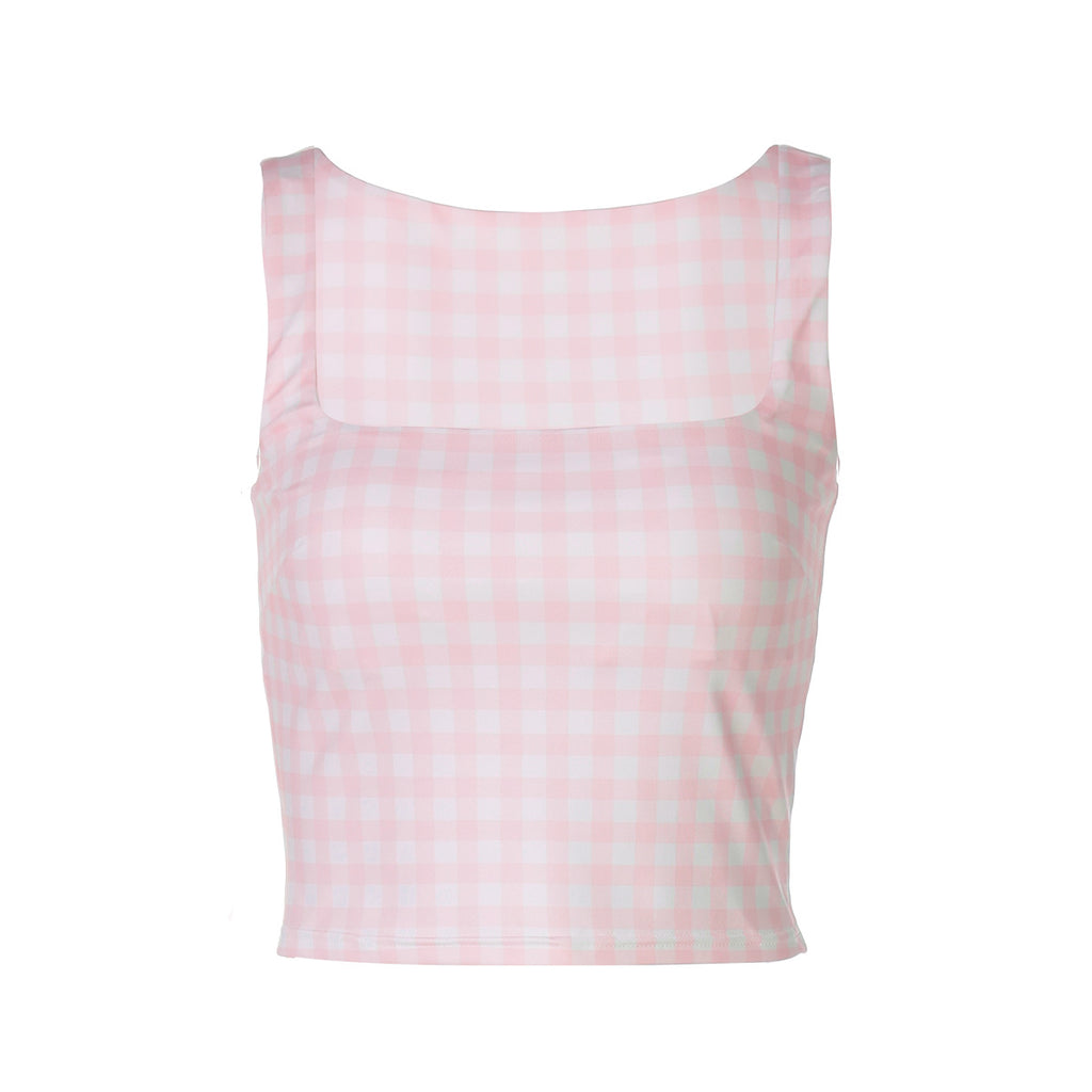 Women's Women’s Pink Plaid Square Neck Cropped Tank Top