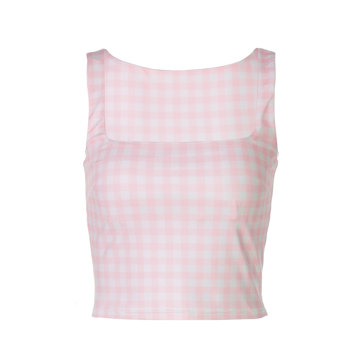 Women's Women’s Pink Plaid Square Neck Cropped Tank Top
