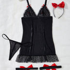 Sexy Lingerie for Women Sexy Lace up Hollow Out Cutout Temptation Sweet Bow Suspender Bed Uniform Headband