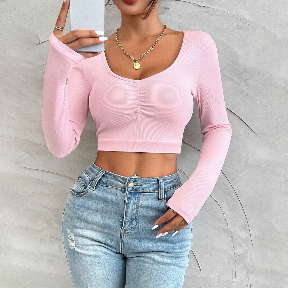 T Shirt U Collar Slim Fit Figure Flattering Long Sleeve Top