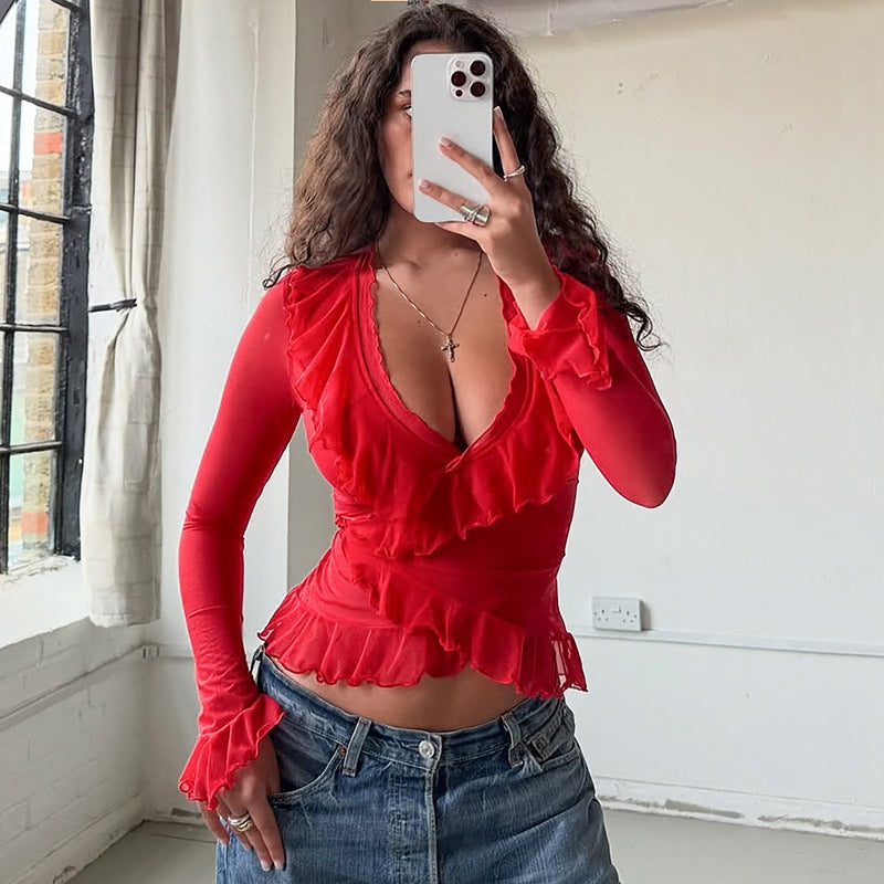 Women's Low-Cut V-Neck Ruffle Long Sleeve Top
