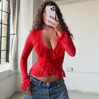 Women's Low-Cut V-Neck Ruffle Long Sleeve Top