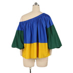 Women's Sexy Oblique Shoulder Elastic Band Loose Lantern Sleeve Contrast-Color Ruffled Plus Size Women Shirt Top