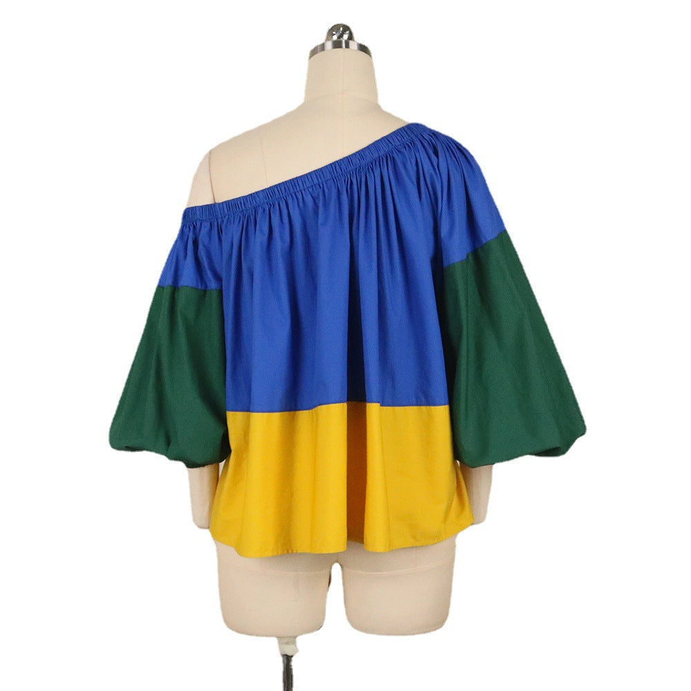 Women's Sexy Oblique Shoulder Elastic Band Loose Lantern Sleeve Contrast-Color Ruffled Plus Size Women Shirt Top