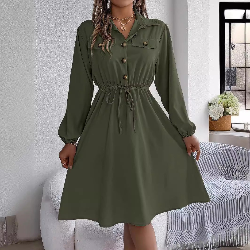 Winter Casual Button Lace-Up Long Sleeves Shirt Dress