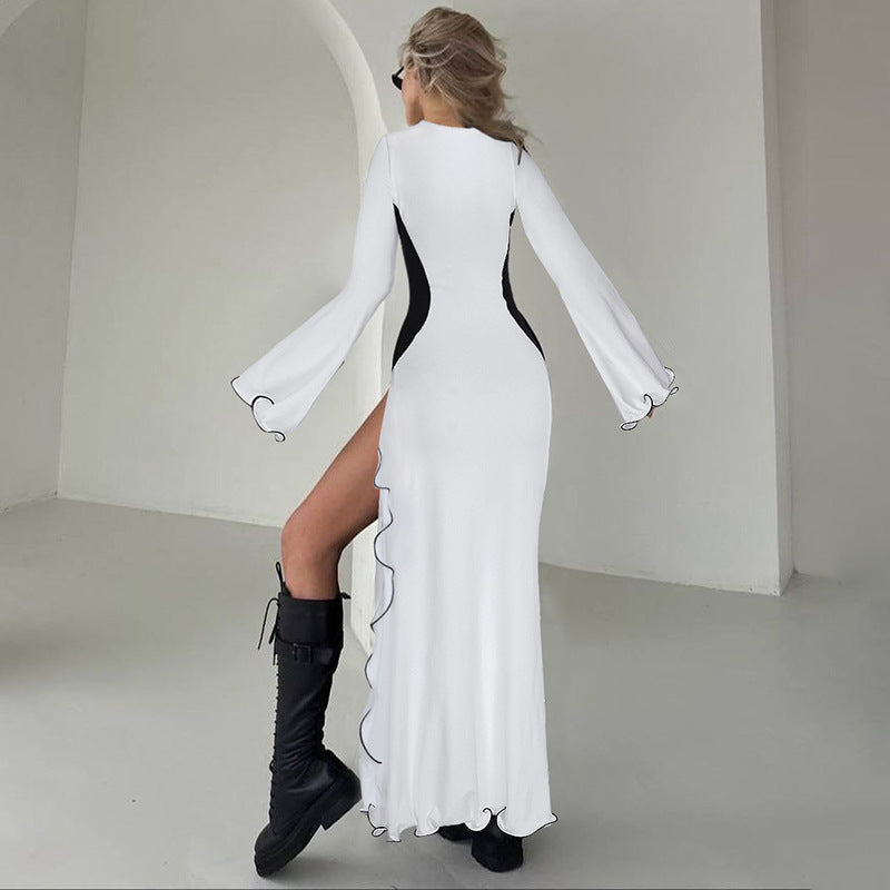 Women's Fall Sexy Slim Fit High Waist Stitching Split Long Sleeve Dress