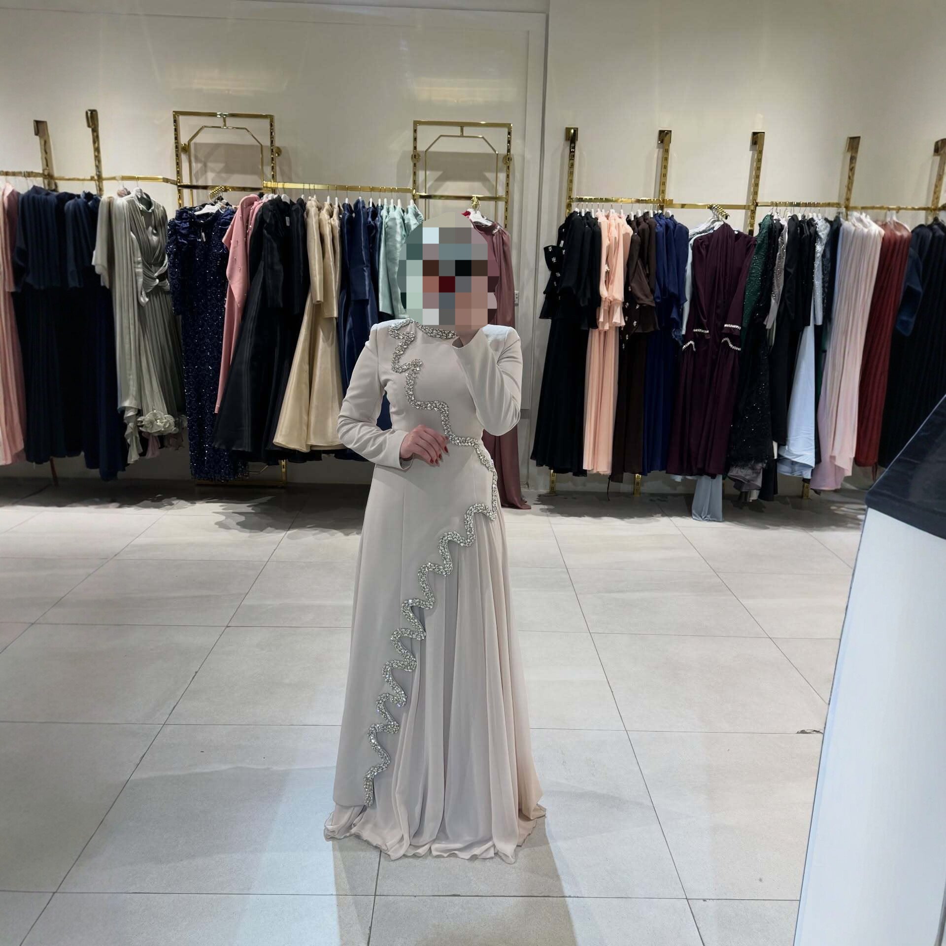 Women's Beaded Ribbon Stand-Collar Maxi Dress