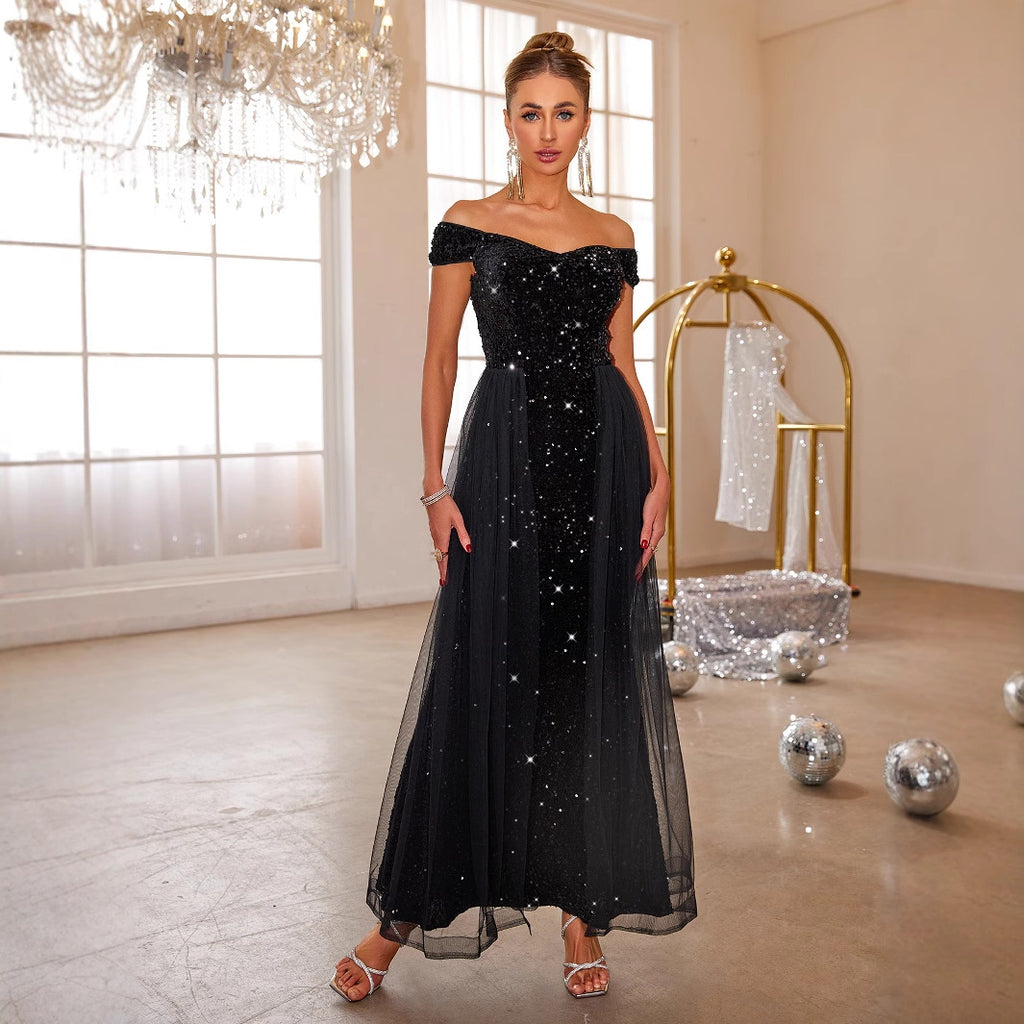 Women's Off-Shoulder Sequin Lace A-Line Maxi Evening Dress