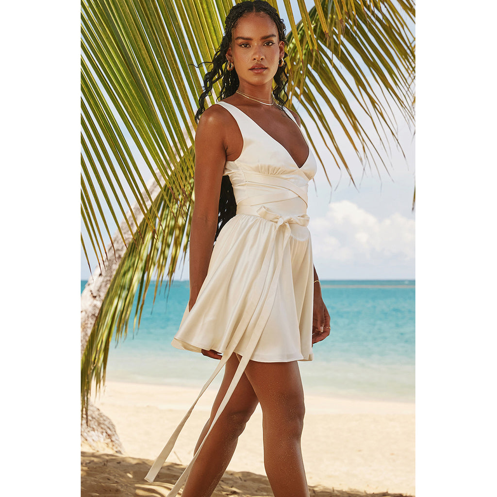 Deep-V Lace-Up Backless Mini Dress