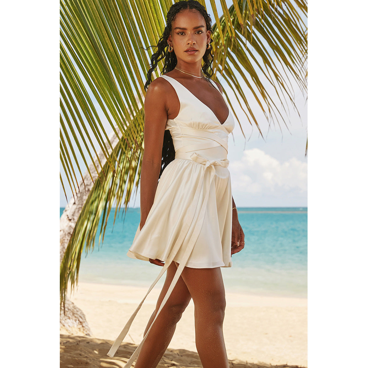 Deep-V Lace-Up Backless Mini Dress