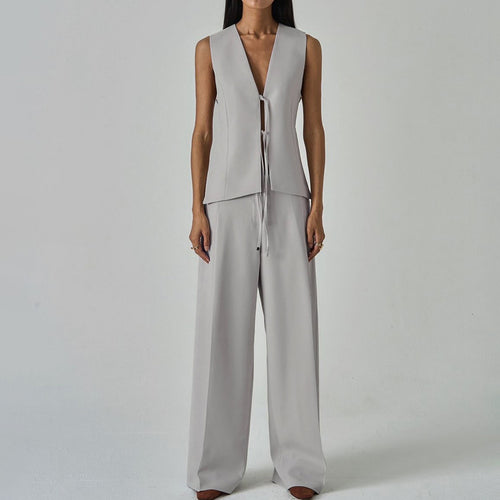 Women Clothing Office Polo Collar Long Sleeve Blazer Lace up Vest Wide Leg Pants Three Piece Set