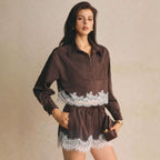 Women's Autumn Shorts Set Striped Shirt Collar Loose Long Sleeve Lace Stitching Hem