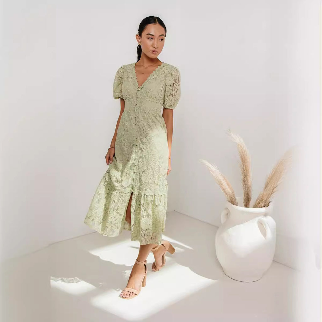Lace V-Neck Button-Front Midi Dress