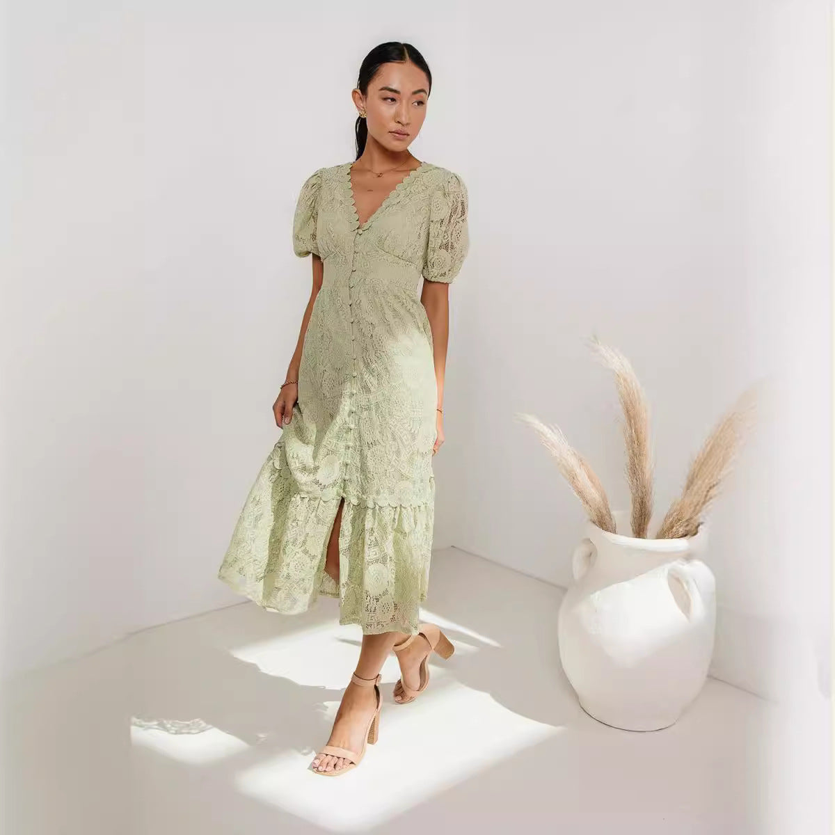 Lace V-Neck Button-Front Midi Dress
