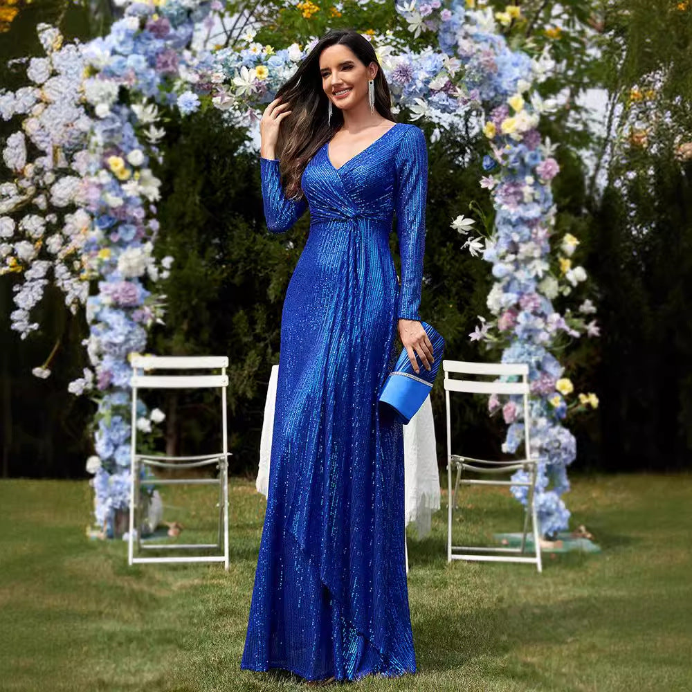 Women's Multi Color Long Sleeve V Neck Fishtail Cocktail Evening Dress